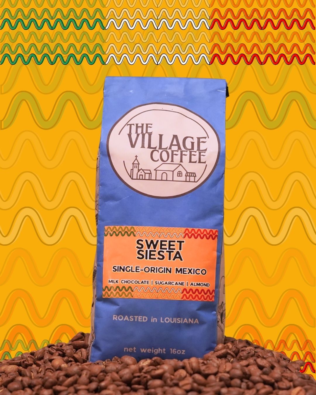 The Village Coffee Sweet Siesta bag with coffee beans on a colorful wavy background